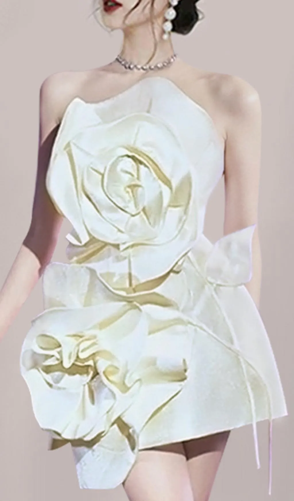BEIGE FLOWER STRAPLESS BIND MINI DRESS Gloria Lanvin