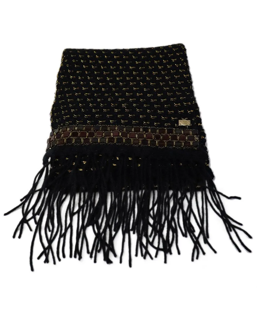 Chanel Black & Gold Cashmere Beaded Scarf