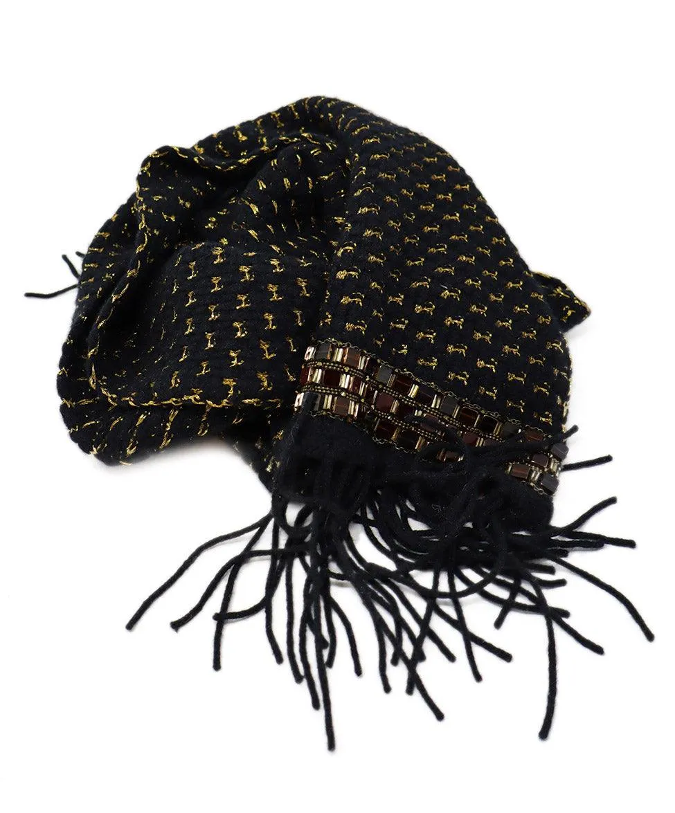 Chanel Black & Gold Cashmere Beaded Scarf
