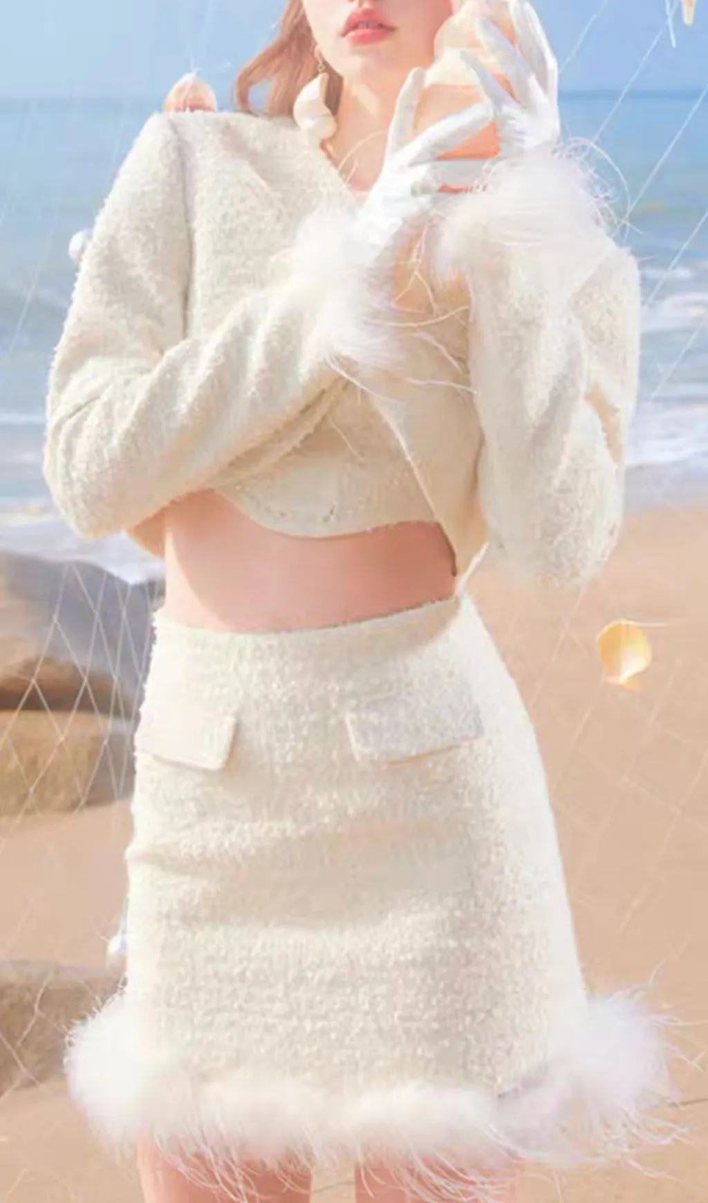 IVORY SIREN CALL FEATHER TWEED SET Gloria Lanvin