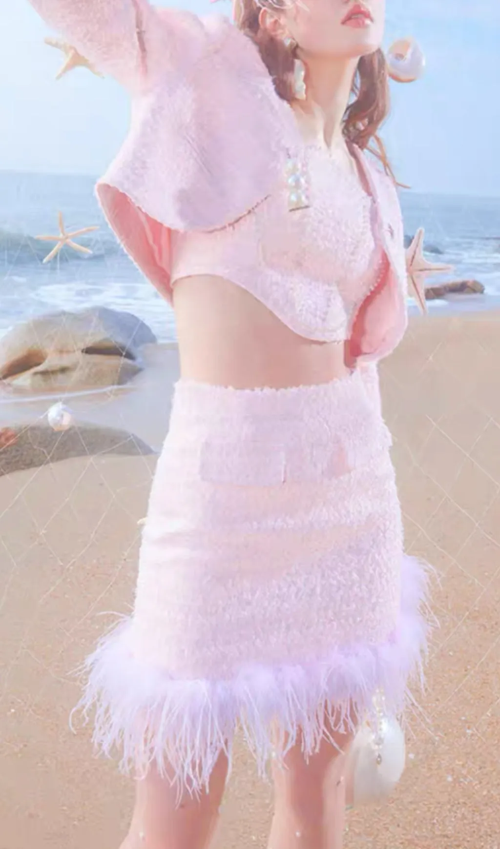 PINK SIREN CALL FEATHER TWEED SET Gloria Lanvin