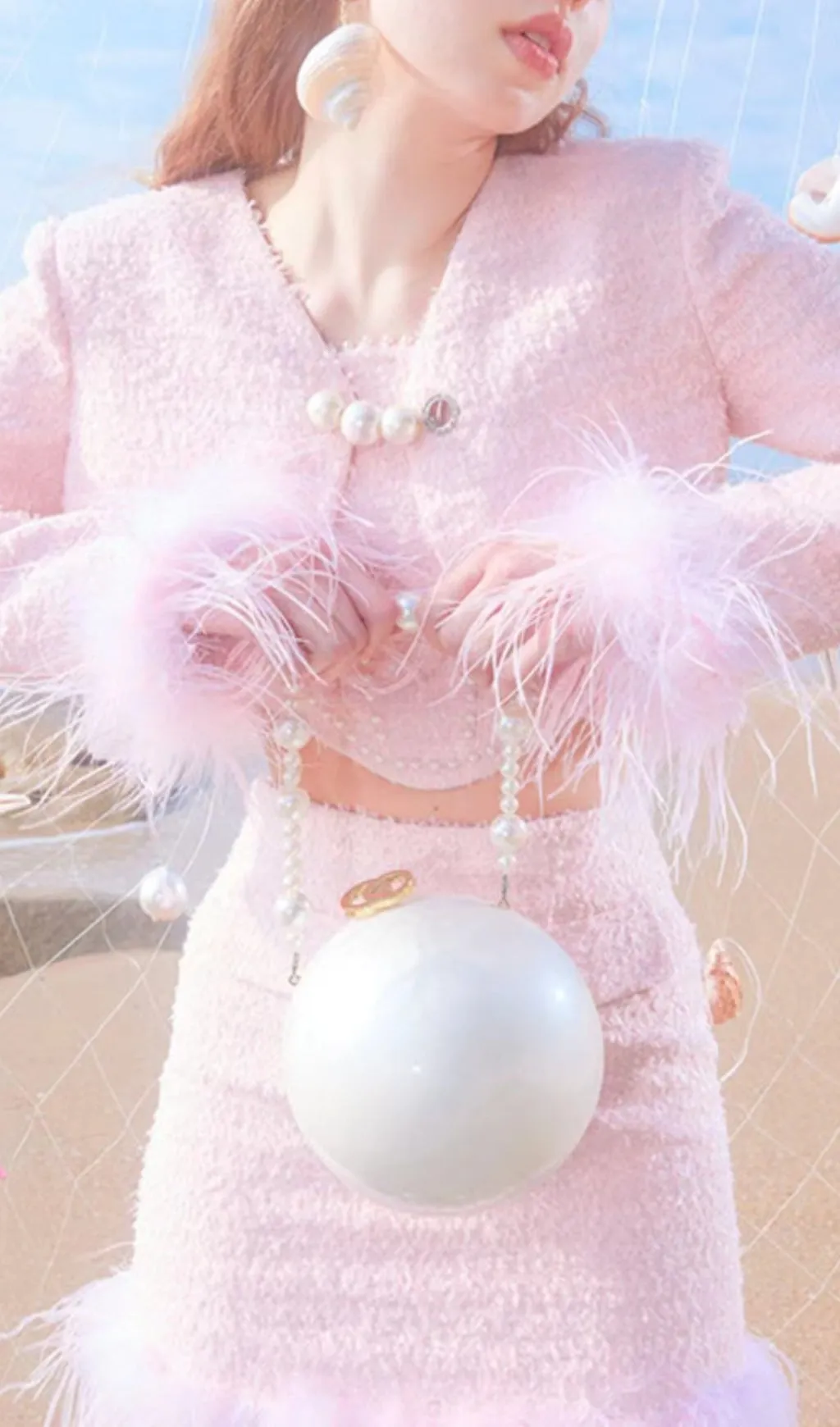 PINK SIREN CALL FEATHER TWEED SET Gloria Lanvin