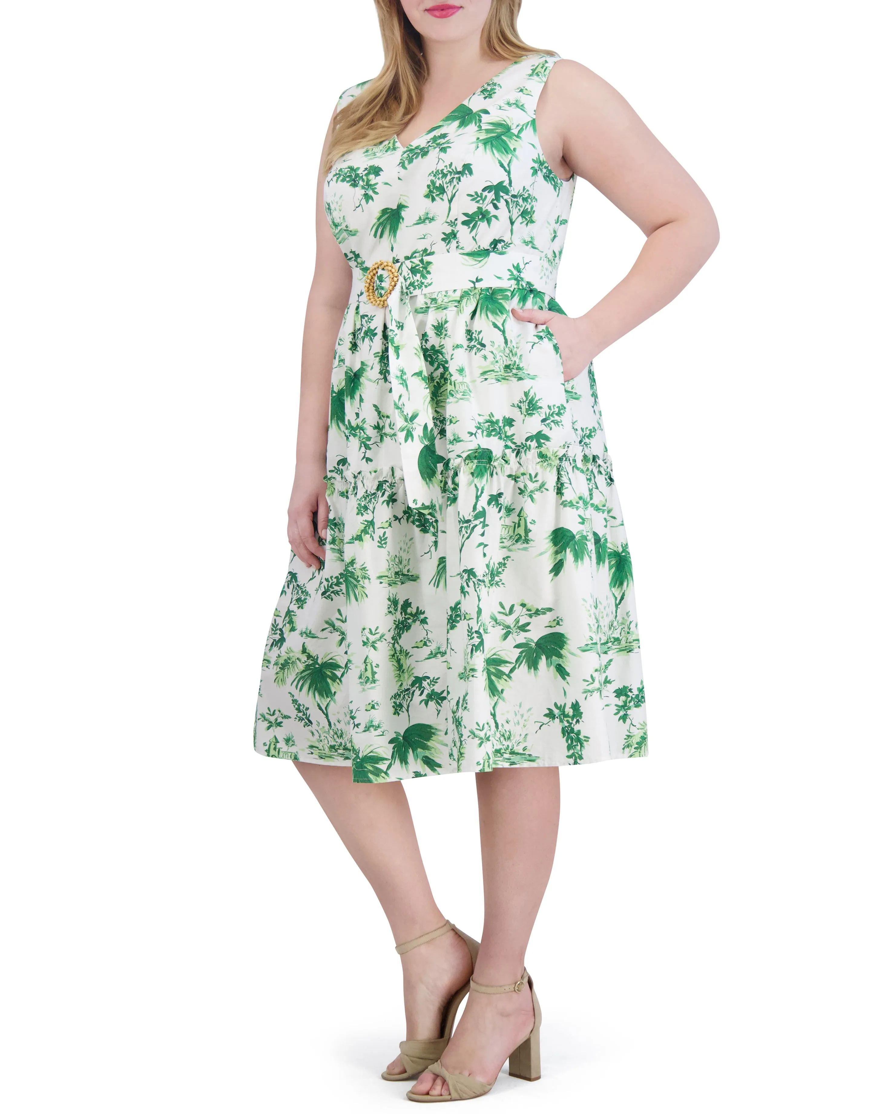 Plus-Size Floral-Print Belted Tiered Dress