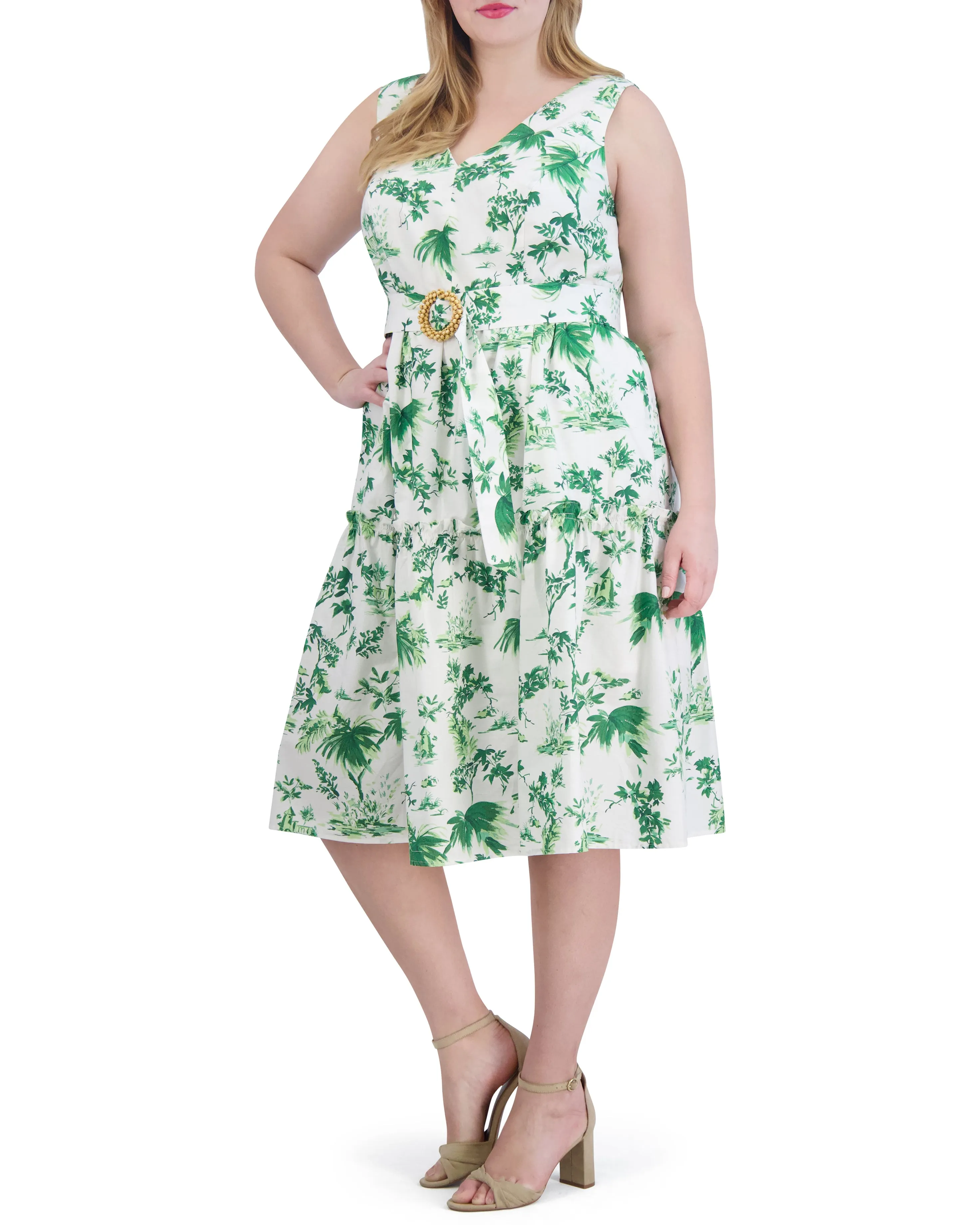 Plus-Size Floral-Print Belted Tiered Dress