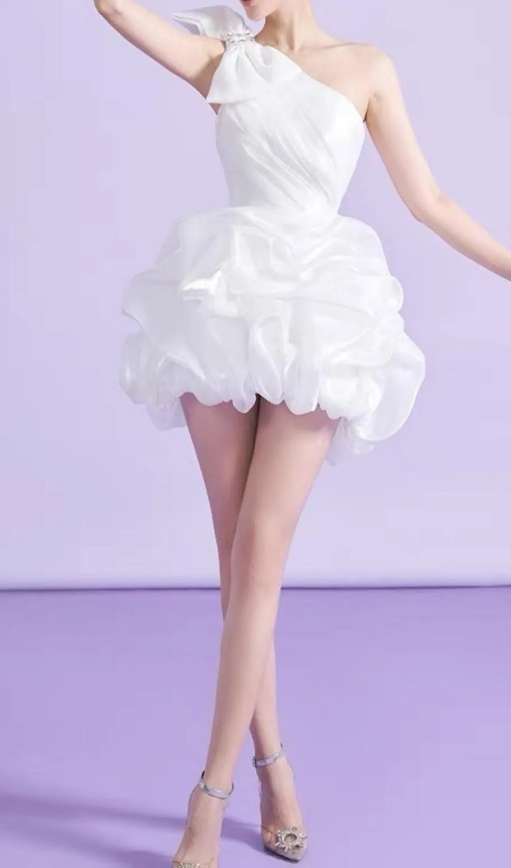WHITE ONE SHOULDER BOWKNOT MINI DRESS Gloria Lanvin